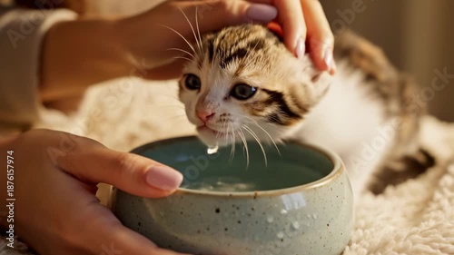 Wallpaper Mural Tabby kitten drinks from a ceramic bowl while a gentle hand pets its head on a cozier blanket softly Torontodigital.ca