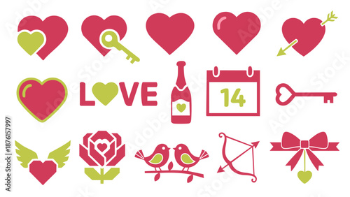valentines day love elements set with hearts roses and romantic bird icons