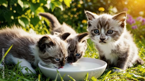 Wallpaper Mural Three fluffy kittens drink milk from a shallow bowl in a sunlit grassy garden with flowers and naps! Torontodigital.ca