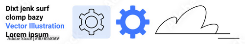 Two gear icons, one outlined and one filled, next to a minimal cloud line drawing. Ideal for technology, innovation, collaboration, data storage, cloud computing, machine learning and simple landing