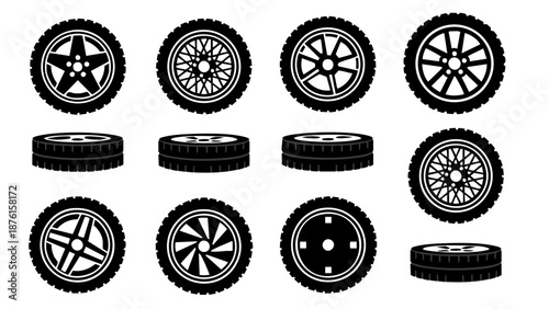 car wheel rim and tire icons collection for automotive service industry design