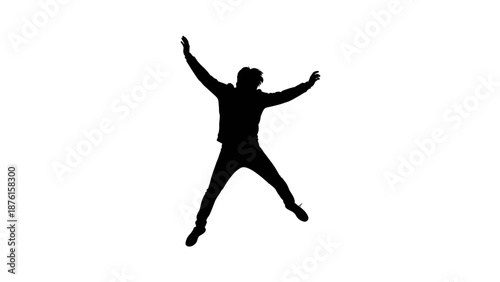 A person jumping with arms outstretched in a joyful pose