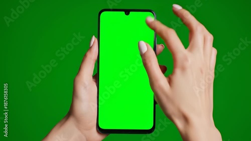 Wallpaper Mural Two hands hold a smartphone with bright green screen against a vivid green background, nails visible Torontodigital.ca