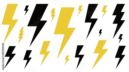 Collection of various yellow and black lightning bolt icons on a white background