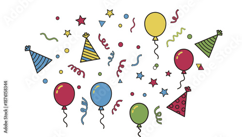 Colorful balloons and party hats floating in the air, creating a festive atmosphere.