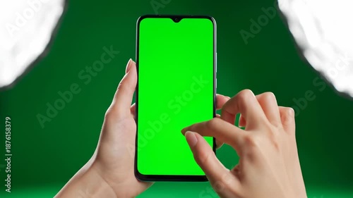 Wallpaper Mural Two hands holding a smartphone with a bright green display against a green background, tapping. now! Torontodigital.ca
