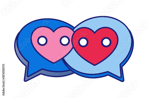 Two chat bubbles with hearts inside, symbolizing online love and communication isolated on white background, Vector