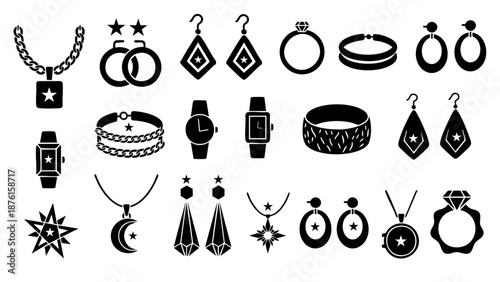 luxury jewelry and fashion accessories black silhouette icons set for retail design