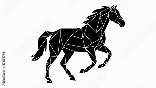 A striking black geometric horse illustration, depicted in a dynamic running pose against a clean white background, showcasing modern polygonal art.