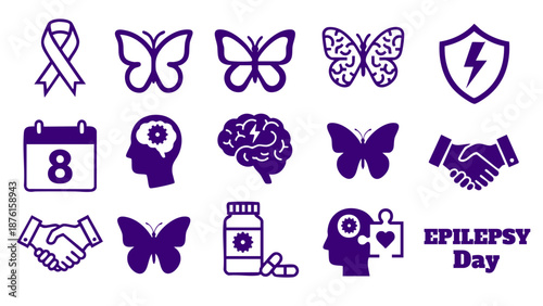 epilepsy awareness day purple icons set with butterfly and brain symbols