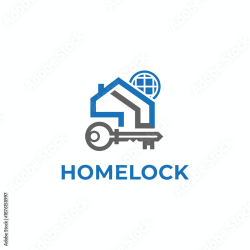 House outline icon with door key and globe symbol for real estate security or locksmith business service HOMELOCK text