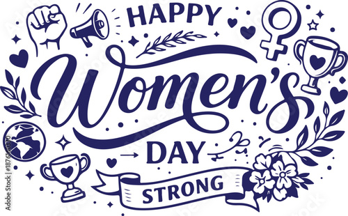 Vector art of happy womens day strong typography design with feminist symbols and icons