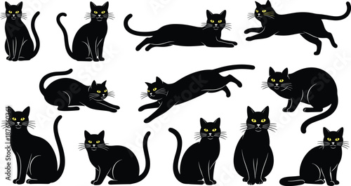 Black cat silhouette set with multiple poses, cute feline collection, minimal vector illustration, Halloween pet design isolated