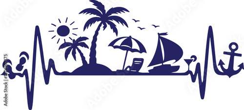 Vector art of vacation heartbeat ekg line with tropical beach scene palm trees sun sailboat anchor and beach chair silhouette