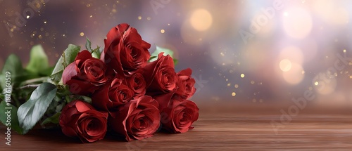 Romantic bouquet of red roses on wooden table with dreamy bokeh background