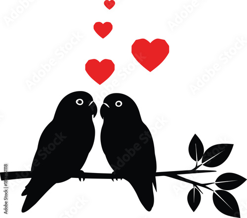 Romantic lovebirds silhouette with red hearts, couple birds on branch, love symbol, minimal vector illustration