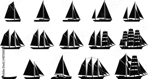 Sailing boats silhouettes collection, yacht sailboat ship maritime transport ocean travel black vector illustration icon set