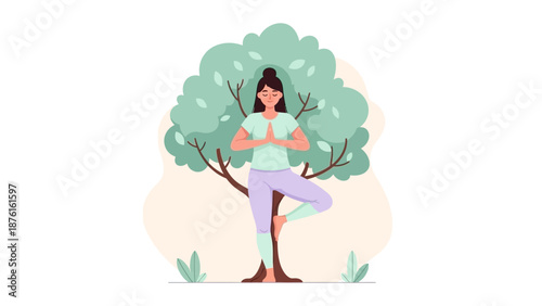 Woman Practicing Tree Pose Yoga Outdoors Next to a Lush Green Tree