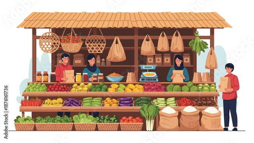 Vibrant Market Stall with Fresh Produce and Friendly Vendors