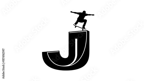 Skateboarder Silhouette on Giant Letter J Ramp - Extreme Sports Lifestyle