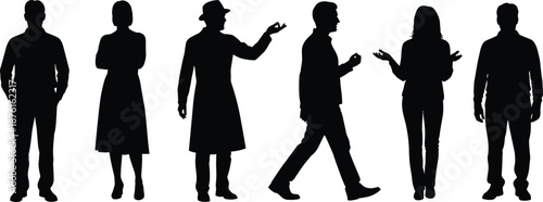 Casual People Silhouettes Set with Men and Women in Various Poses Including Walking Standing and Gesturing Isolated on White Background