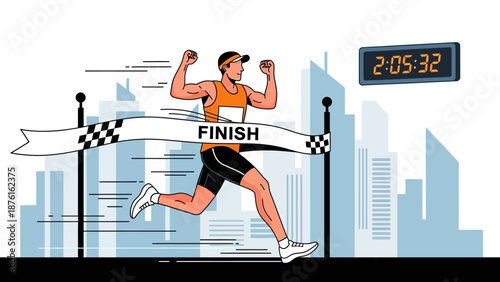 Runner crossing finish line, celebrating victory in city marathon, digital clock