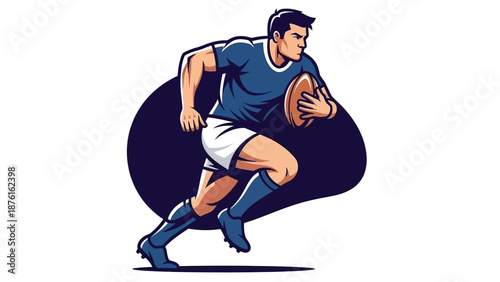 Rugby Player Running with Ball, Athletic Male Athlete in Motion, Sports Illustration