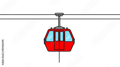Red cable car suspended on wire against a white background, transporting people.