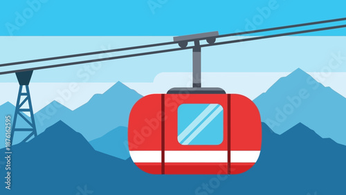 Red Cable Car Gondola Traveling Over Blue Mountains - Flat Design