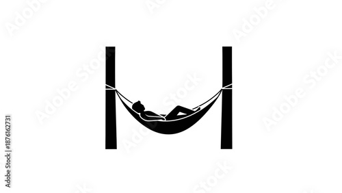 Person relaxing in a hammock between two posts in black and white.