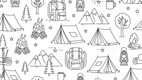 Outdoor Camping and Hiking Seamless Pattern: Tents, Backpacks, Campfires, Mountains