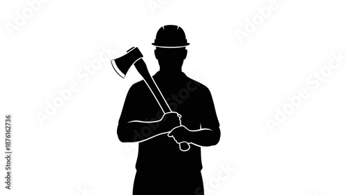Silhouette of a man holding an axe in his hands.