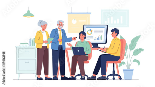 Diverse team of business professionals collaborating in a modern office setting, discussing data and strategy.