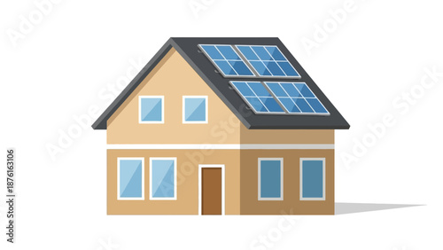 Modern house with solar panels on the roof, clean energy and sustainable living concept