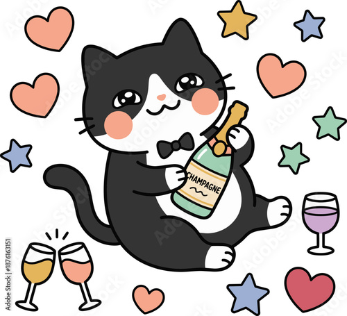 Black And White Cat With Wine