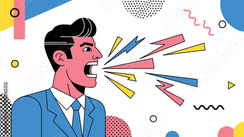 Man Shouting, Expressing Anger, Frustration, Aggression, Speech Bubbles, Retro Style