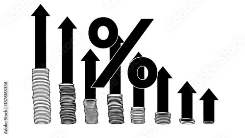 Conceptual illustration of stacked coins, upward arrows, and a percentage symbol, representing rising interest rates, investment growth, and economic expansion.