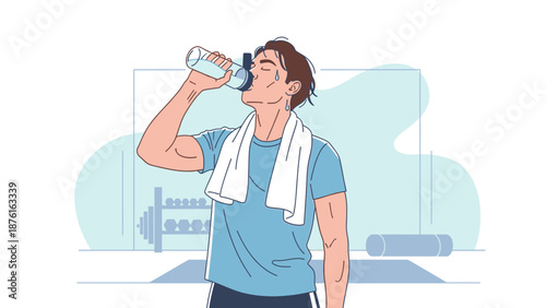Man drinking water after workout in gym, healthy lifestyle, fitness and hydration