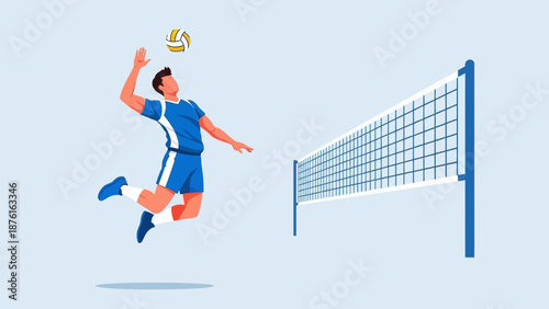 Male volleyball player jumping and spiking ball over net, dynamic sports illustration
