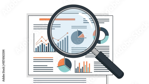 Magnifying glass over financial report charts and graphs, analysis of data