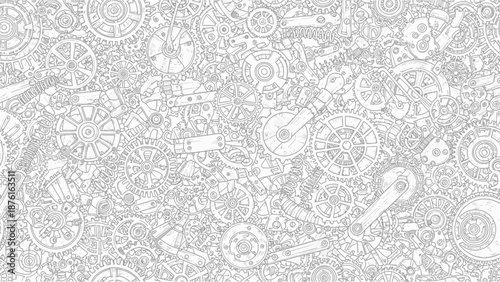 Intricate Mechanical Gears and Cogs Pattern - Black and White Line Art