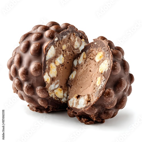 round chocolate ice cream, with chocolate cover and with irregular round crispies mixed in the cover, bitten, showing chocolate ice cream filling, white background, total focus.