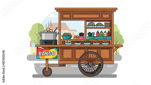 Indonesian Bakso Food Cart Illustration - Street Food Vendor with Meatballs