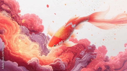 Golden koi swimming through dreamlike pastel cloud waves.
