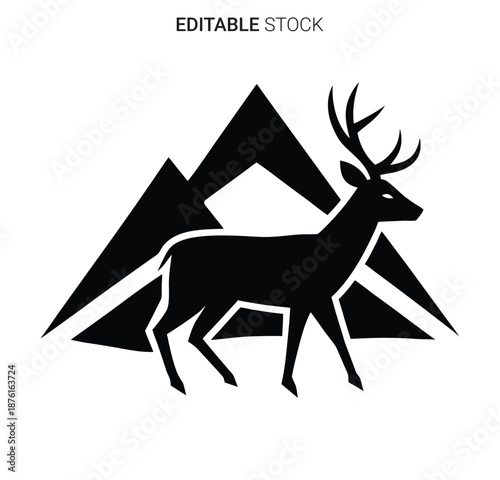 a black deer with antlers standing in front of mountains silhouette high quality
