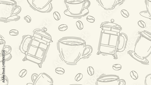 Hand-drawn seamless pattern of coffee cups and french presses with beans, sketch style