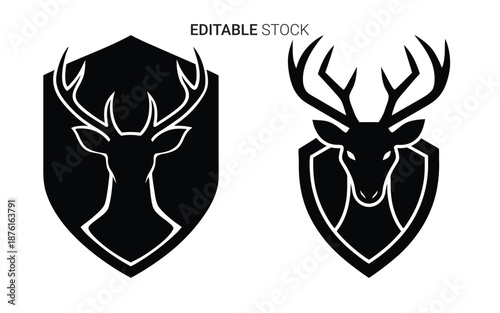 deer head shield logo designs with white outline silhouette high quality professional detailed