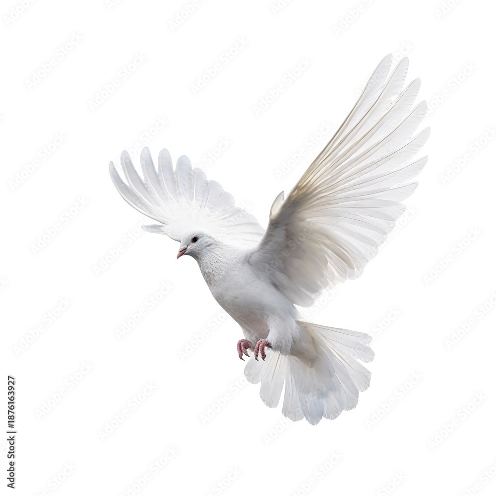 Obraz premium A majestic white dove in mid-flight, showcasing outstretched wings and delicate feathers. Represents peace, freedom, and purity, ideal for symbolic or natural imagery themes.