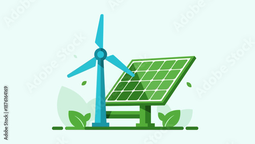 Eco-friendly energy generation: wind turbine and solar panel illustration