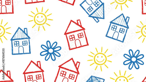 Children's Drawing Seamless Pattern: Houses, Sun, Flowers - Playful Sketch Background